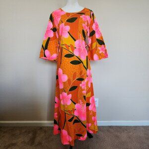 Vintage Barkcloth Aloha Floral Dress - M